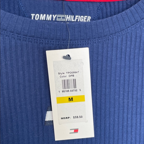 TOMMY HILFIGER SPORT BLUE CREWNECK RIBBED LONG SLEEVE CROP CENTRAL LOGO TOP SZ M - Picture 7 of 8